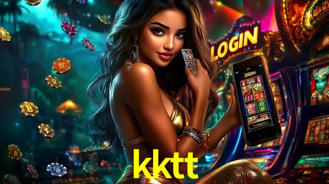 Mulher em um cenário de cassino temático de aventura, mostrando o app de caça-níqueis da kktt no celular. Fichas de apostas flutuam ao redor.