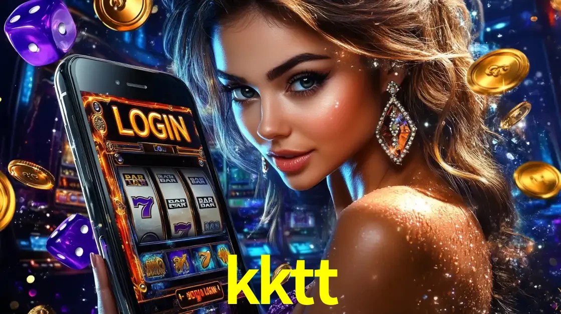 Mulher glamorosa segurando um smartphone com a tela de login para os jogos de caça-níqueis do cassino online kktt, com moedas de ouro e dados ao redor.