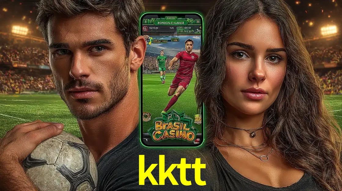Homem segurando uma bola de futebol e uma mulher ao lado de um smartphone exibindo o jogo de apostas esportivas da kktt. Faça seu palpite no cassino online.